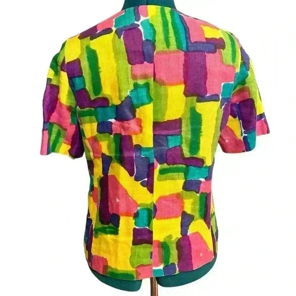 Rickie Freeman Teri Jon Blazer Womens 4 Bright Paint Print Linen Crop Jacket - Picture 3 of 5